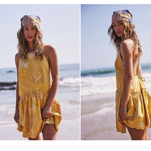Free People Deserted Island Mini Dress in Yellow NWOT - Picture 1 of 11